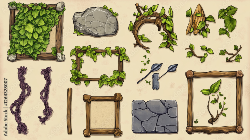 Poster stone game menu boards with vines, rope and leaves. tablets, buttons, cartoon interface plaques, fra