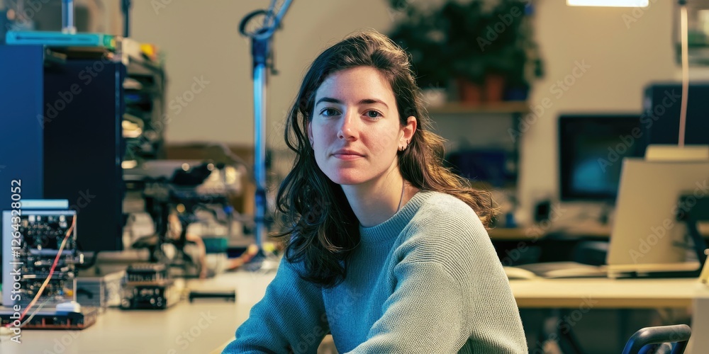 Poster Portrait of a woman debugging software in a cozy office, her calm and focused demeanor complementing the backdrop of neatly arranged tech equipment, creating a relaxed ye