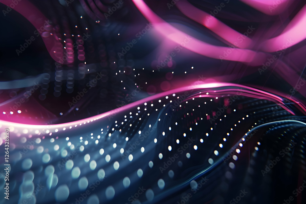 Poster abstract colorful wave patterns with glowing dots in a dark background, creating a vibrant atmospher