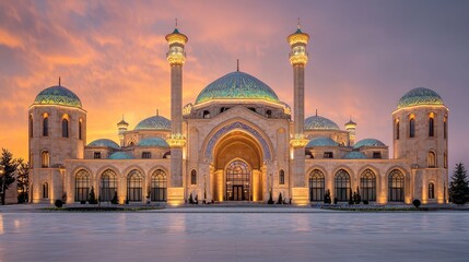 Majestic architectural masterpiece at sunset, showcasing intricate domes and vibrant sky hues