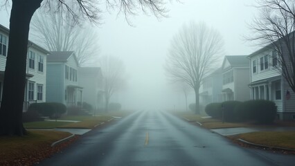 A quiet residential neighborhood with fog in the streets, creating a peaceful and homely atmosphere for a morning walk.