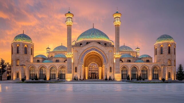 Majestic architectural masterpiece at sunset, showcasing intricate domes and vibrant sky hues