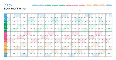 2026 colorful block year planner. Vector design.