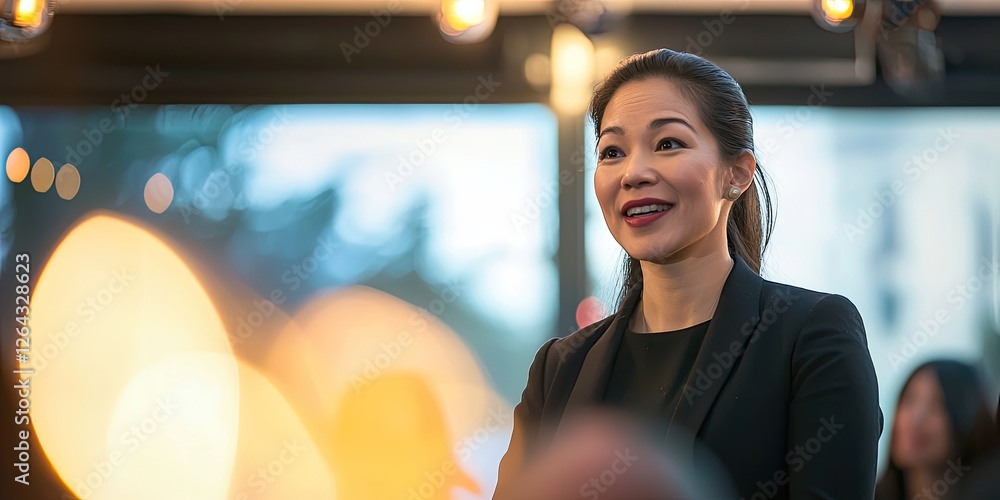Poster a wide-angle image of a woman delivering an inspiring speech at a business event, her confident expr