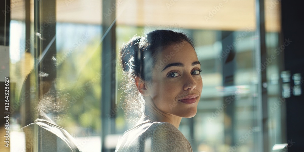 Poster portrait of a woman collaborating on a coding project in a glass-walled office, her relaxed focus mi
