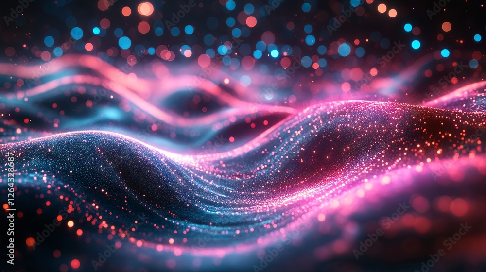 Poster a vibrant abstract digital landscape with glowing pink and cyan particles, bokeh lights, and smooth 