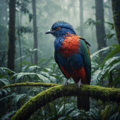 Obraz premium A rare, exotic bird with dazzling plumage in a misty rainforest.