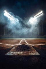 A wide-angle view of an empty baseball stadium at night, illuminated by bright lights. The background is dark and moody with subtle smoke effects