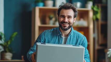 Obraz premium A cheerful man holding a box, smiling in a well-lit room adorned with plants and shelves.