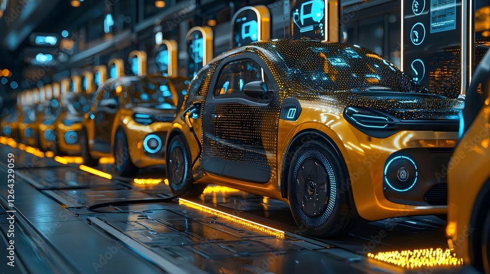 Poster futuristic digital visualization of an electric vehicle sharing network grid system designed for a m