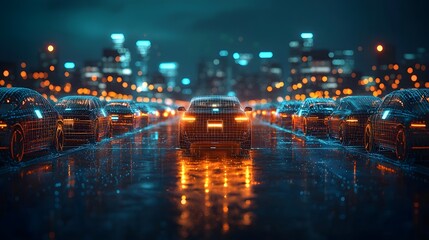 Obraz premium Vibrant cityscape at night showcasing a futuristic electric vehicle rental network grid with glowing lights reflections and a dynamic urban atmosphere