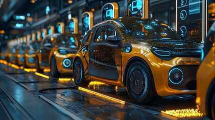 Futuristic digital visualization of an electric vehicle sharing network grid system designed for a modern sustainable urban transportation infrastructure