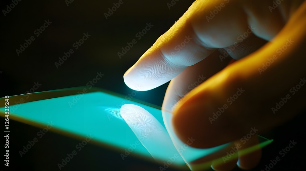Poster close up detail of a human fingertip connecting to a floating holographic digital icon showcasing a 