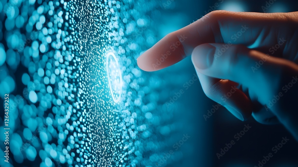 Poster close up detail of a fingertip touching and interacting with a floating holographic icon in a futuri