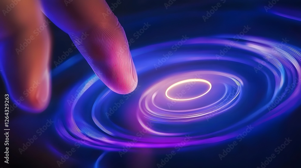 Poster close up view of a fingertip making contact with a floating holographic icon creating a futuristic a