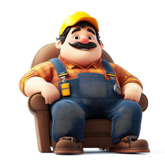 Jolly Construction Worker Cartoon Character Sitting in a Brown Chair