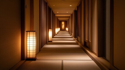 Fototapeta premium Lit lamps line a serene hallway in a luxury hotel