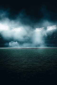 A scene of darkness and smoke in the background of an empty baseball stadium with lights on. The scene is set at night, creating a dramatic atmosphere.