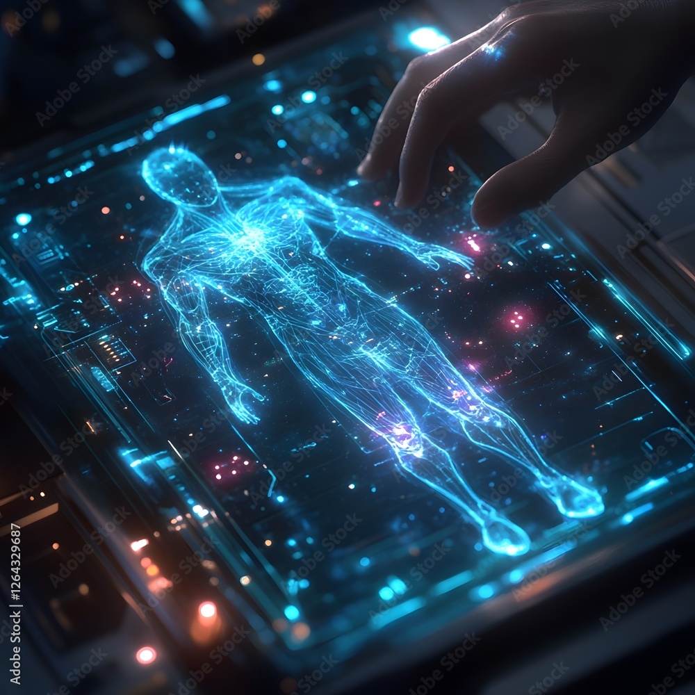 Poster holographic designer concept featuring a glowing digital human figure surrounded by abstract interfa