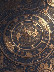 Naklejka premium Ornate celestial clock face detail, cosmic background, timekeeping