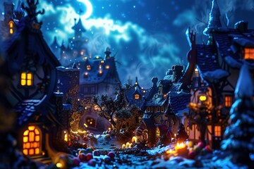Obraz premium Enchanting nighttime view of a whimsical illuminated village under a starry sky