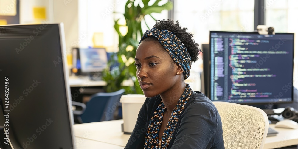 Poster medium shot of a woman debugging code in a collaborative workspace, her focused demeanor framed by s