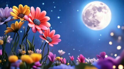 Obraz premium Vibrant Colorful Flowers Under a Bright Moonlit Night Sky