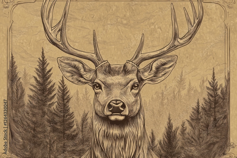 Fototapete engraved deer portrait showcasing intricate line work in sepia tones with available space for person