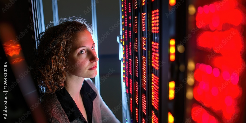 Poster medium shot of a woman inspecting server configurations in a data center, her calm and serious expre
