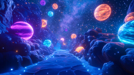 Obraz premium Blue outer space background with stars and nebula, neon glowing planets with orbit and falling asteroids. Cartoon vector illustration of cosmos bg with celestial bodies. Fantasy astronomy backdrop.