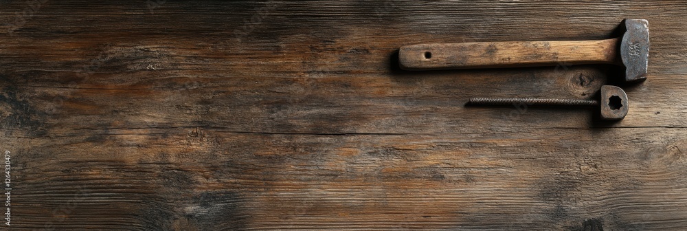 Poster Tools for woodworking displayed on rustic wooden surface with natural texture and earthy colors in a well lit environment. Generative AI