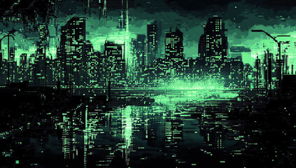 Obraz premium Futuristic Digital Glitch Cityscape at Night