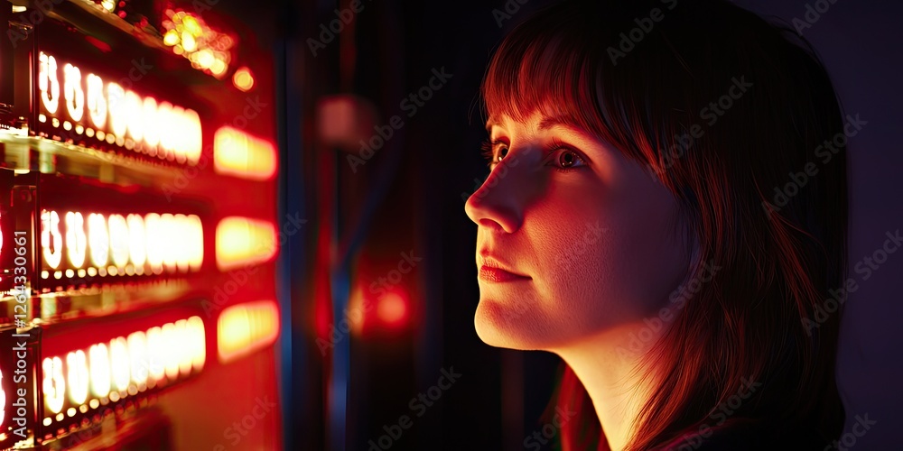 Poster medium shot of a woman inspecting server configurations in a data center, her calm and serious expre