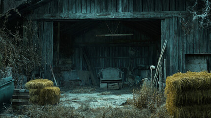 Abandoned barn interior with broken furniture, spiderweb and destroyed floor. Neglected farm house, ranch with haystacks, sacks, fork and open gate, old storehouse building Cartoon vector illustration
