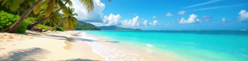 Turquoise ocean waves on a sandy beach with swaying palm trees and island in the background, nature, tropical, island