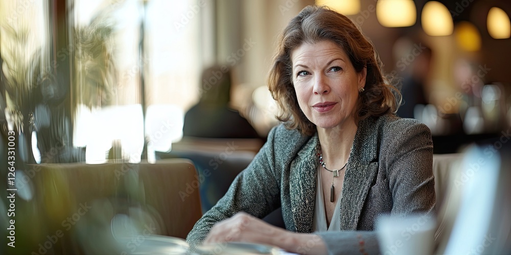 Poster a wide-angle capture of a consultant meeting clients in a high-end cafe, her professional demeanor i