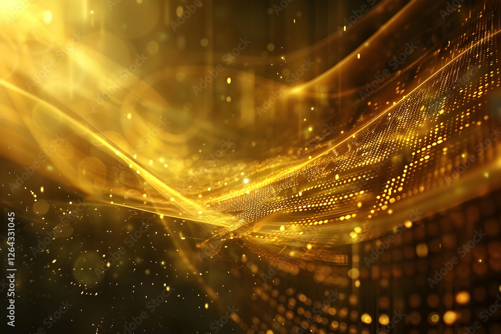 Poster abstract golden waves with shimmering particles and light effects creating a dynamic background