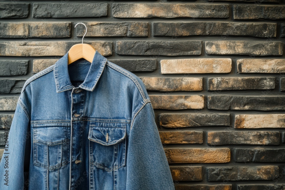 Aufkleber denim jacket hanging on rustic brick wall creating a stylish backdrop for fashion presentation. gene