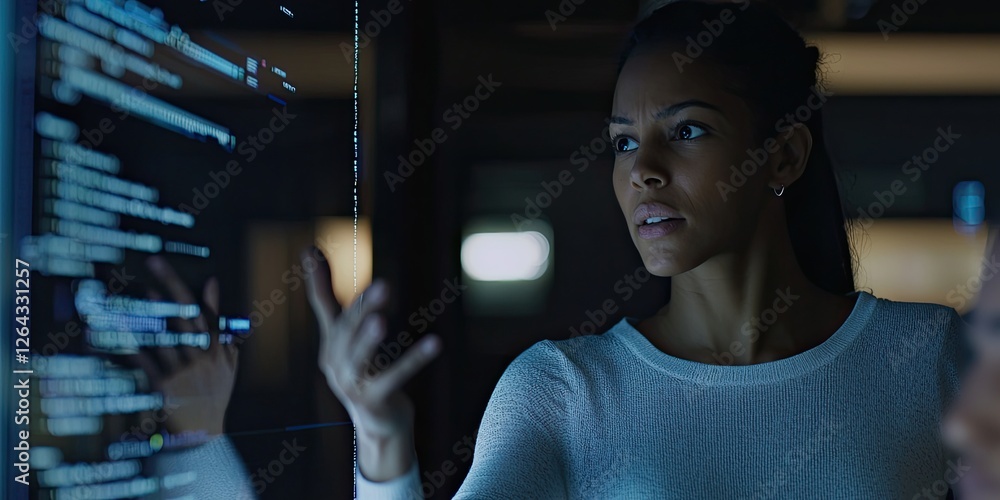Poster Portrait of a woman explaining coding logic to her team, her focused gestures directed toward a screen displaying code, creating a productive and friendly environment.