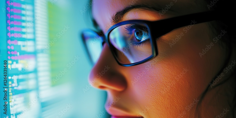 Poster a close-up of a woman reviewing financial reports on a computer screen, her thoughtful expression se