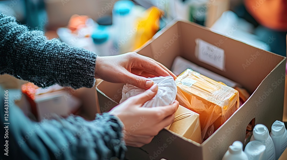 Poster close-up image of hands putting together care packages at a community center, featuring personal hyg