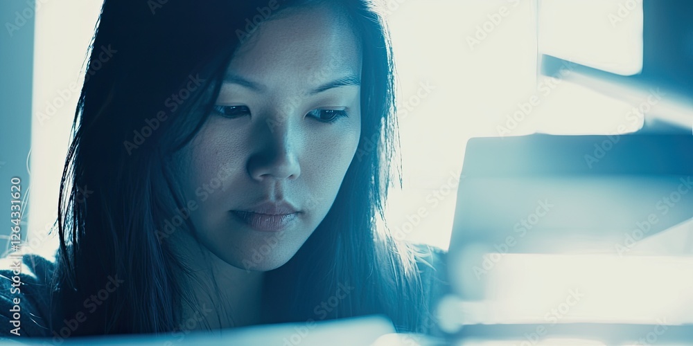 Poster portrait of a woman drafting a tech report in a serene office, her face softly illuminated by the gl