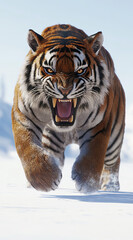 Obraz premium A full-body shot of a snarling tiger, created using Unreal Engine, set against a white background.