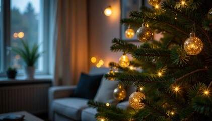 Twinkling fairy lights on decorated evergreen tree in living room, tree, lights, evergreen