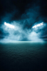 A dramatic baseball stadium at night, illuminated by bright lights and swirling smoke in the air. The field is empty with no players or fans visible,Dramatic Stadium Under the Lights