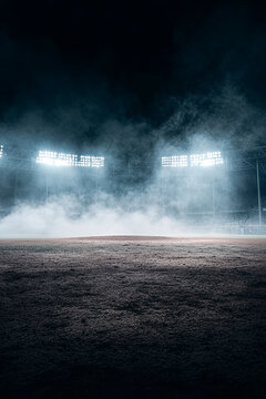 A dramatic baseball stadium at night, illuminated by bright lights and swirling smoke in the air. 