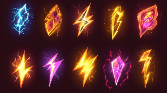 Lightning bolt of different shape on transparent background. Cartoon 3d vector illustration set of thunder flash or electric energy power sign. thunderbolt for warning, fast and discount concept.