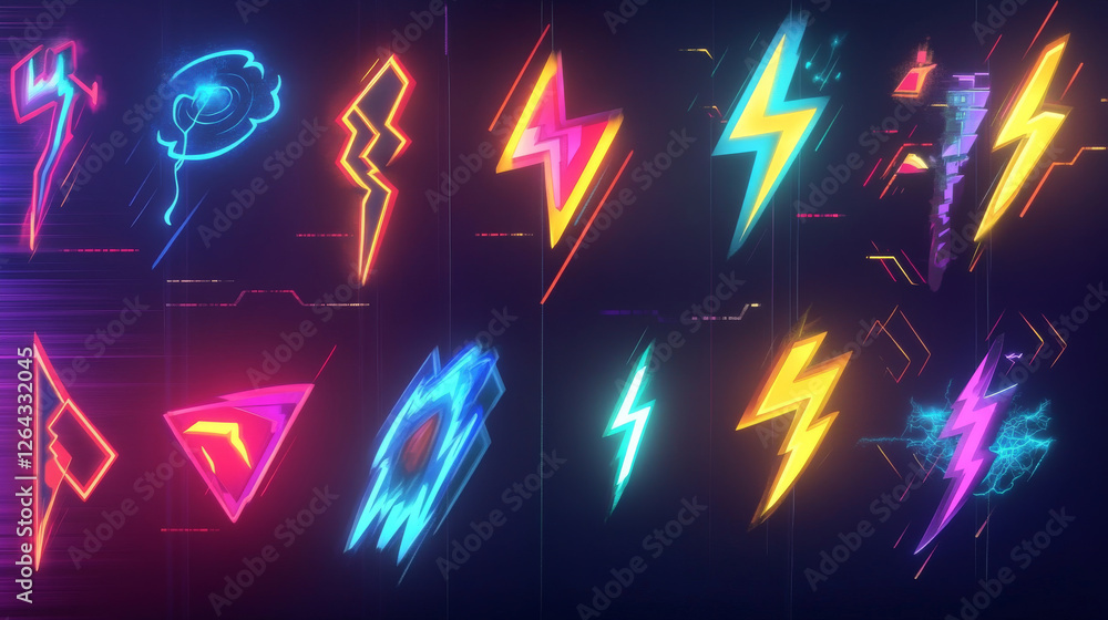 Poster lightning bolt of different shape on transparent background. cartoon 3d vector illustration set of t