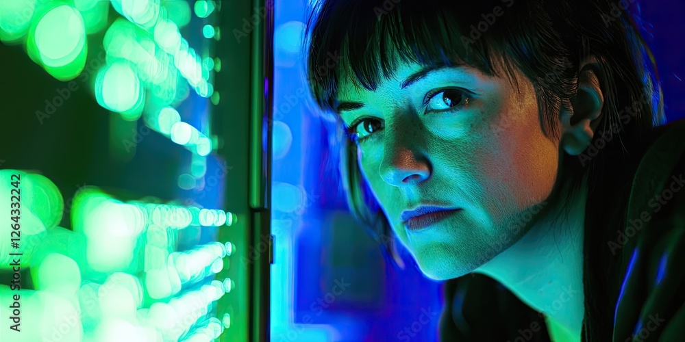 Aufkleber portrait of a woman analyzing server logs on her computer, her thoughtful expression illuminated by 