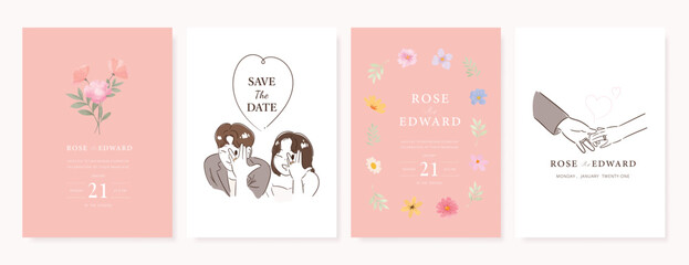 Elegant wedding invitation card background vector. Minimal hand drawn bride and groom in watercolor botanical flowers texture. Design for wedding, vip cover template, rsvp modern card, poster.